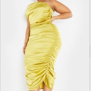 PLT Chartreuse Satin One Shoulder Midi Dress